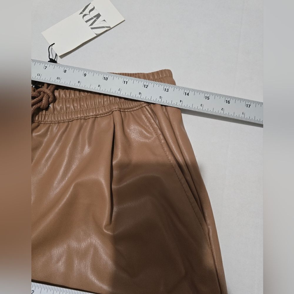 NWT Zara Drawstring Faux Leather Joggers  In Tan Size Xs - Picture 6 of 12